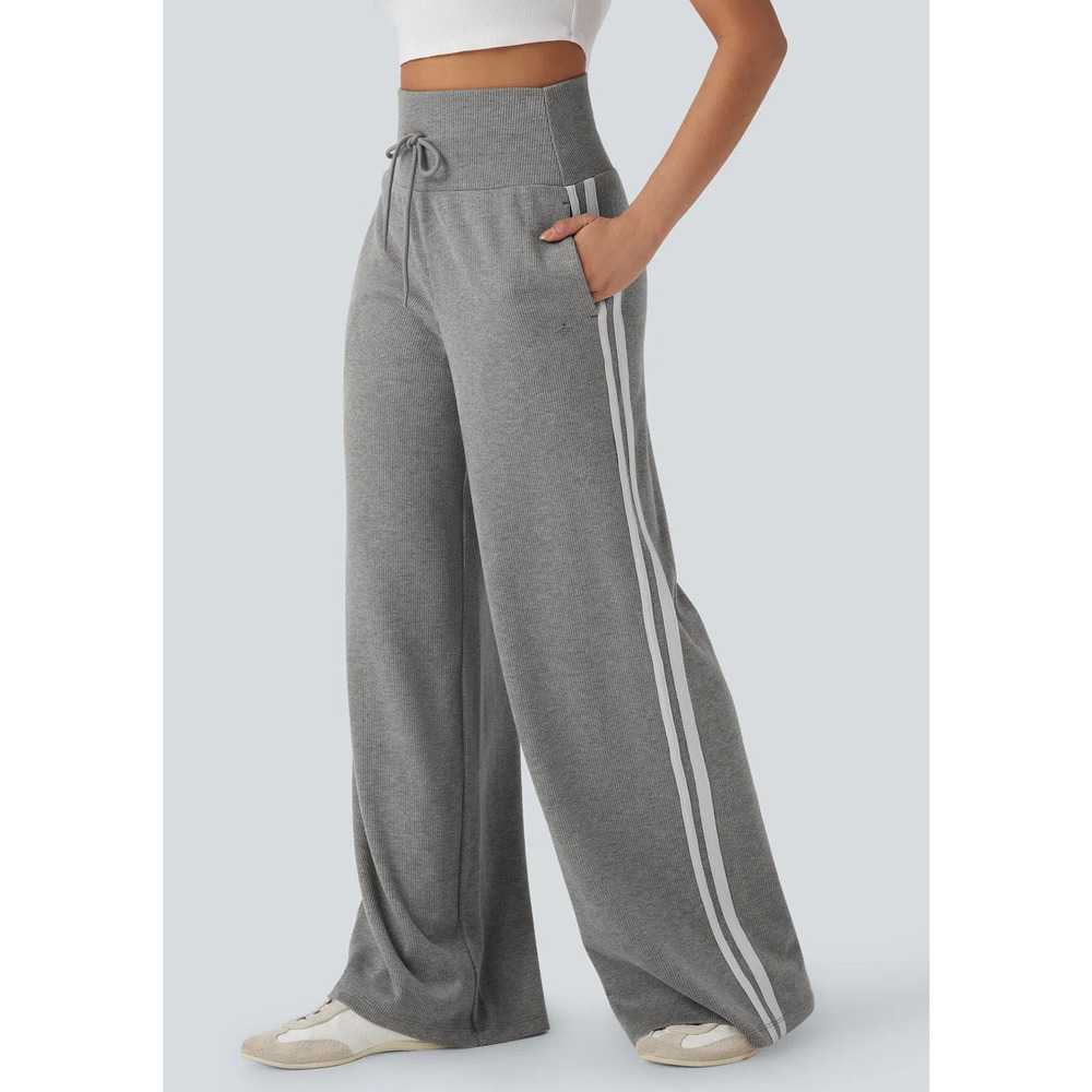 Halara Ribbed High Waisted Drawstring Wide Leg Fleece Trousers Gray L